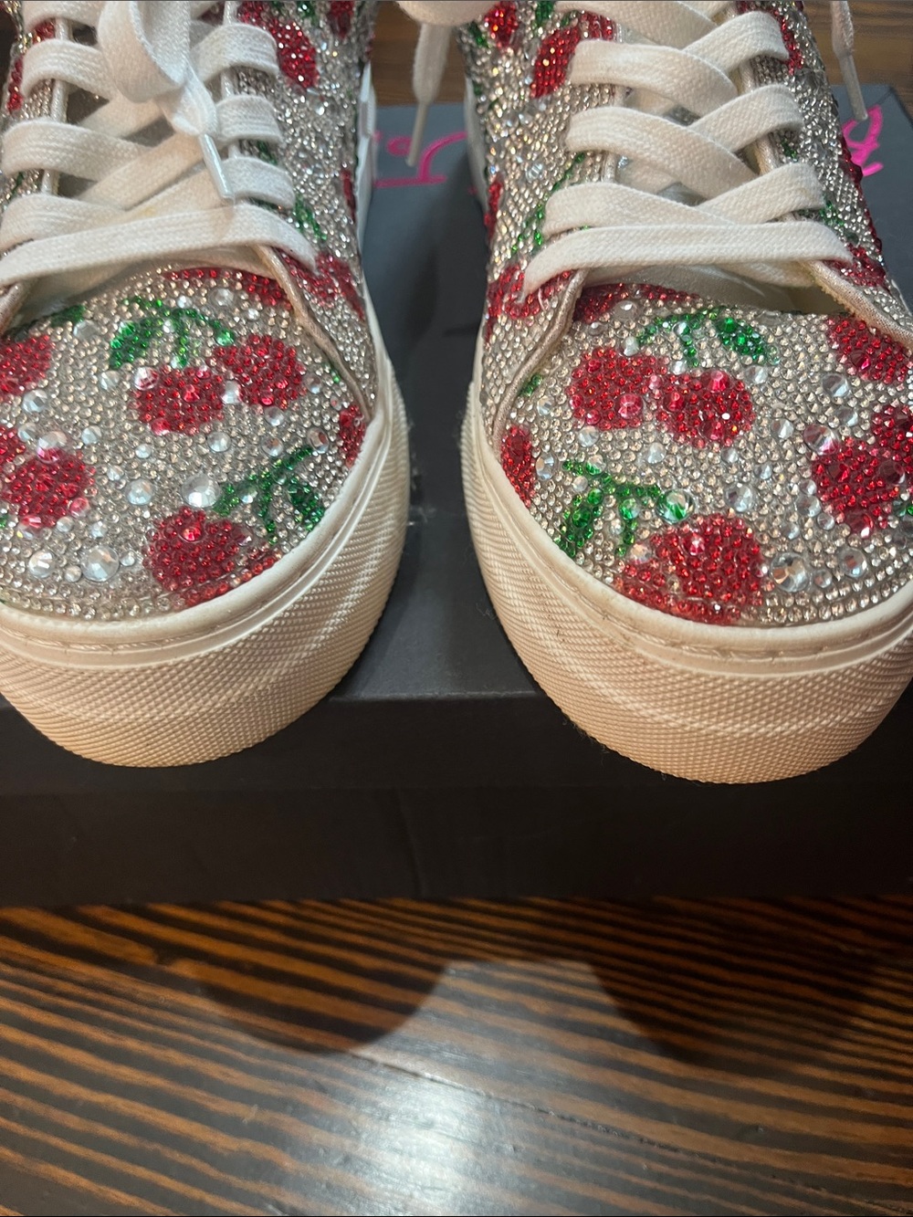 Betsey Johnson Crystal Cherry Embellished Sneakers - White/Red/Green - Picture 11 of 12